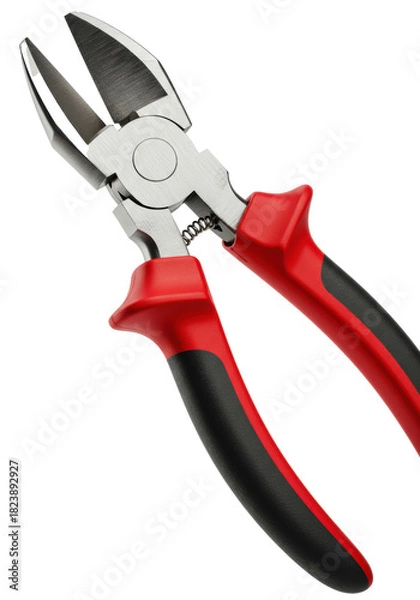 Fototapeta Professional diagonal cutting pliers with chrome jaws and ergonomic rubber handles isolated on a white background, showcasing industrial strength and precision