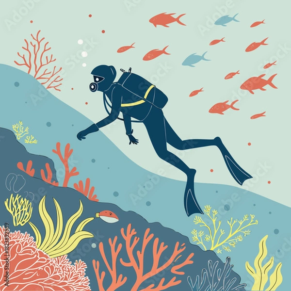 Fototapeta Scuba diver exploring colorful coral reef with schools of red and blue fish Keywords: scuba diver, underwater, ocean, sea, coral reef, marine life, fish, swimming, exploration, adventure, nature