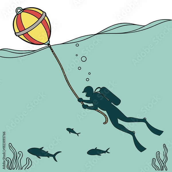 Fototapeta Silhouette of a diver holding a rope attached to a yellow and red buoy underwater with fish and seaweed