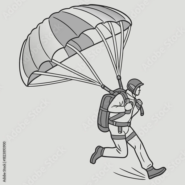 Fototapeta Skydiver in a helmet and jumpsuit with a deployed parachute running mid-air skydiving paraglider