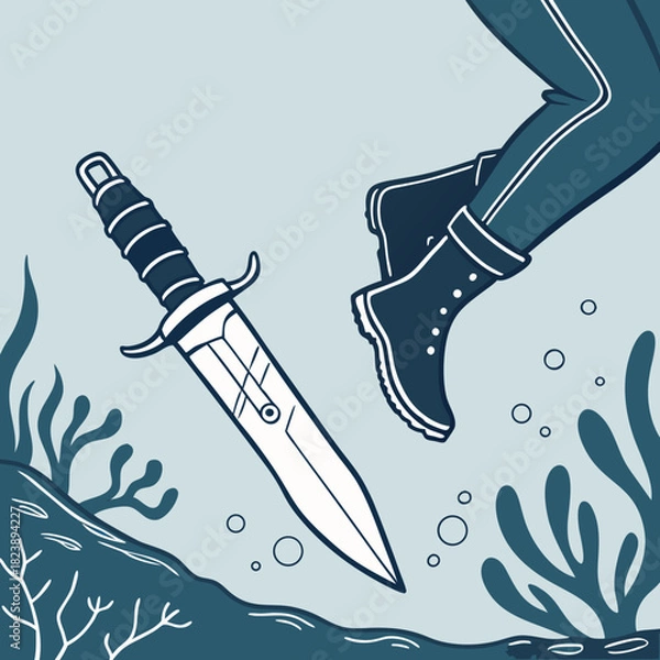 Fototapeta Underwater Scene with a Dagger and Diver's Boots knife feet
