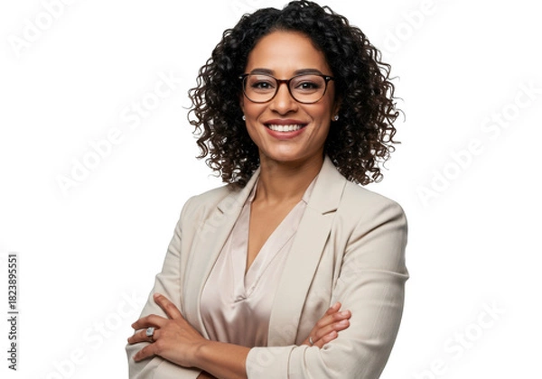 Obraz Confident businesswoman with glasses smiling and arms crossed professional portrait transparent background