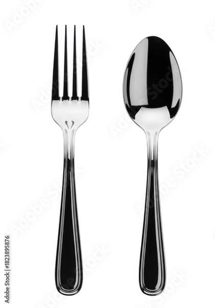 Fototapeta perfectly upright mirror-finish stainless steel fork and spoon, macro isolated on high-key transparent background with copy space. concept for kitchenware advertising