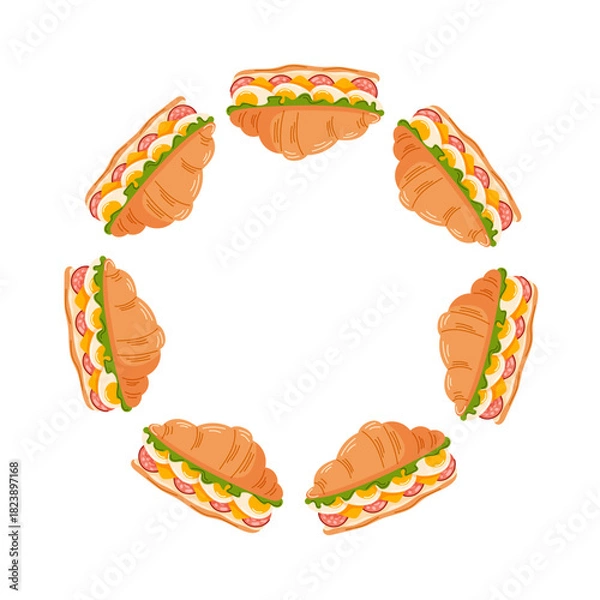 Fototapeta Wreath with croissant sandwich filled with lettuce, eggs, cheese, and salami in flat style. Bakery for breakfast card, brunch, or a quick snack isolated on a white background.
