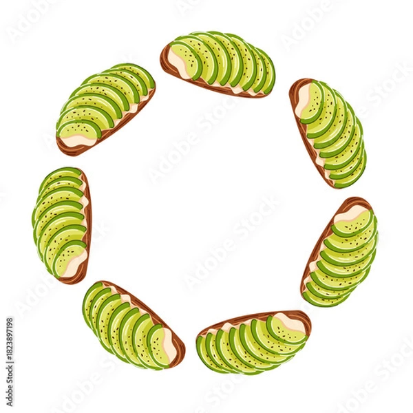 Fototapeta Wreath with avocado toast from dark rye bread with slices of avocado, cottage cheese and pepper in flat style. Healthy breakfast card for menu and restaurant design isolated on white background.