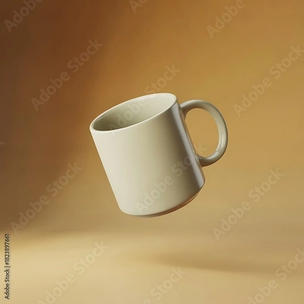 Obraz Minimalist White Mug Leaning at an Angle on Brown Background Simple Coffee Cup for Hot Beverage and Drinkware Essential