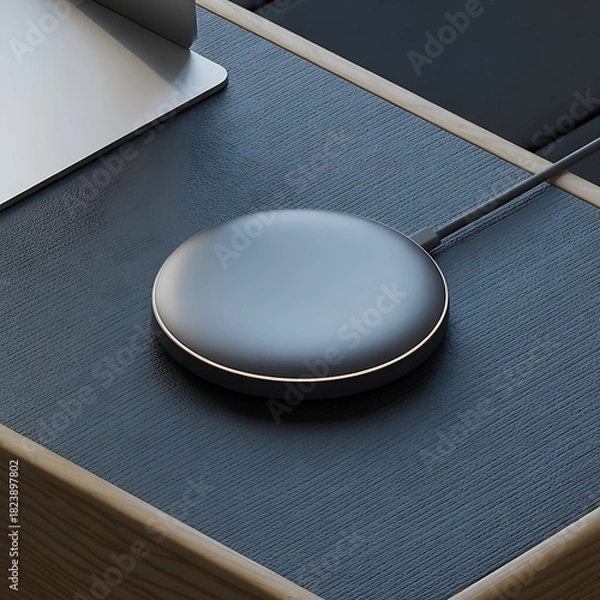 Fototapeta Charging pad on wood table with laptop for fast charging and convenience at home or in office modern tech accessory for electronics device usage