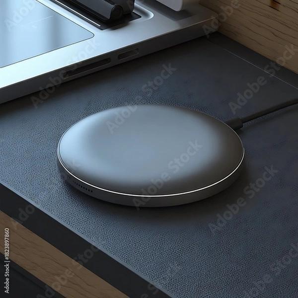 Obraz Wireless charger on dark desk with laptop for modern charging convenience at home or office a sleek design for fast induction of devices and electronics