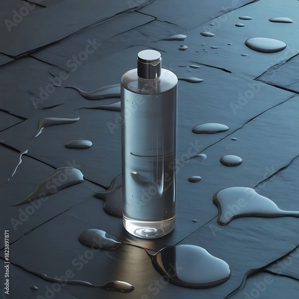 Fototapeta Liquid in bottle on dark slate background for product presentation with water splashes and drops ideal for cosmetics or skincare visuals