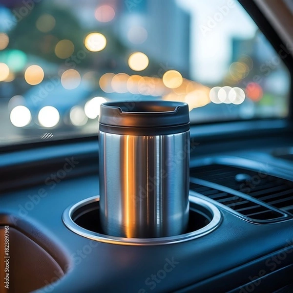 Fototapeta Tumbler in car cup holder with city street background during evening commute for travel mug and beverage on dashboard in automobile interior