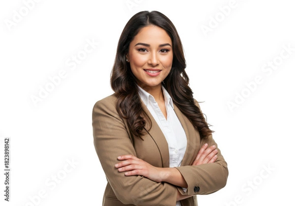 Fototapeta Smiling woman in blazer arms crossed isolated on transparent background