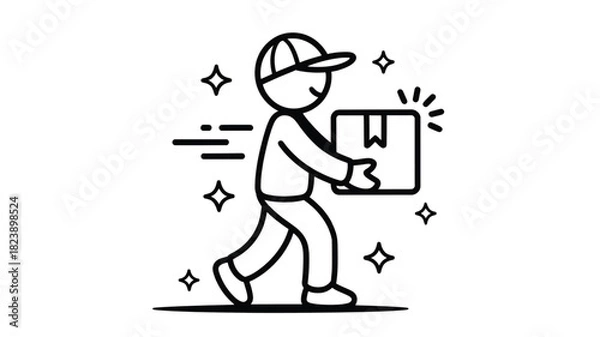 Fototapeta Delivery man carrying a package simple line art illustration for logistics and shipping services isolated on white background
