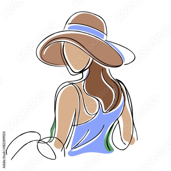 Fototapeta Woman in a hat with long hair viewed from behind in a relaxed pose  