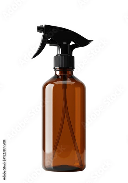 Fototapeta A single amber brown pet plastic bottle with a black trigger spray dispenser on a seamless reflective white background premium packaging design concept