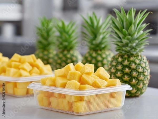Obraz Freshly cut yellow mango cubes in clear containers with vibrant pineapples in the background, showcasing tropical fruits and healthy eating concepts