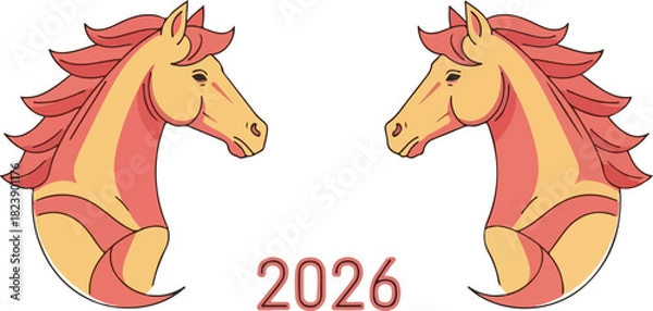 Fototapeta Two horse heads face each other above the year 2026 colored with peach and coral hues