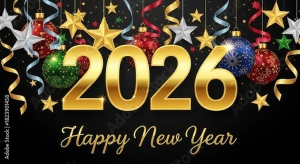 Obraz Festive new year 2026 celebration with ornaments and stars on black background