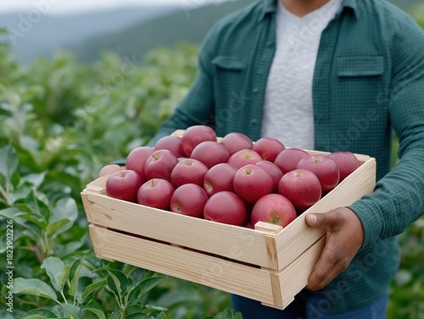 Fototapeta African American man holding a wooden crate filled with fresh red apples in an orchard, surrounded by lush greenery and rolling hills, showcasing agricultural abundance