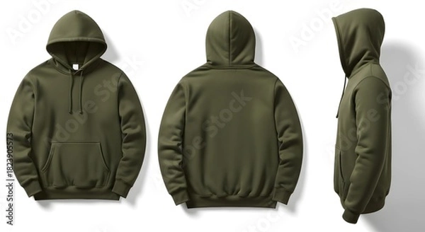 Fototapeta Olive green hoodie mockup front back and side views for product display