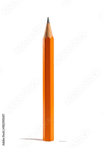 Fototapeta Macro shot of a vibrant orange pencil standing on a white background with dramatic lighting and copy space. Professional design tool concept