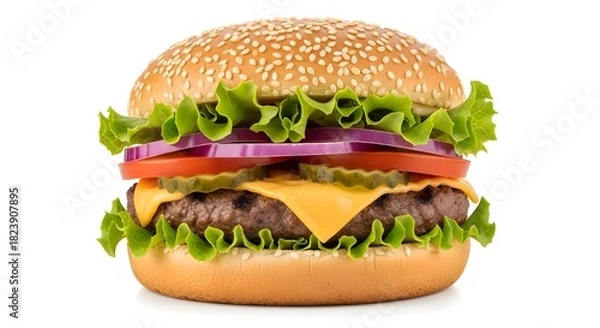 Fototapeta Delicious and fresh hamburger with cheese lettuce tomato and onion on white