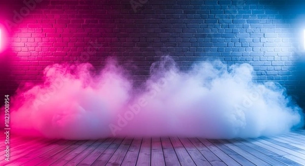 Obraz Illustration of smoke and fog illuminated by pink and blue neon lights on a brick wall