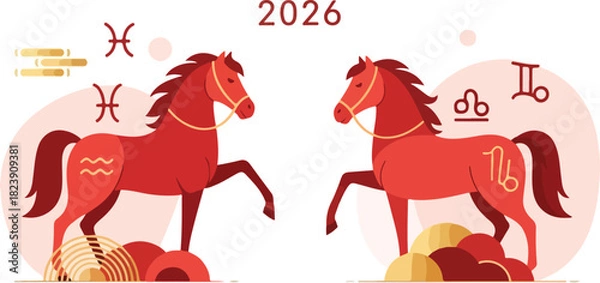 Fototapeta Two red horses face each other year 2026 above surrounded by astrological symbols