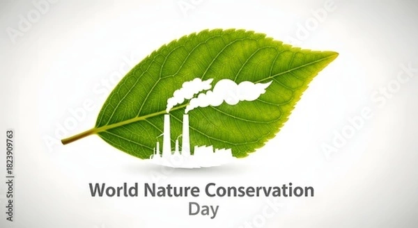 Obraz Illustration of world nature conservation day concept with factory smoke inside a green leaf isolated on white background