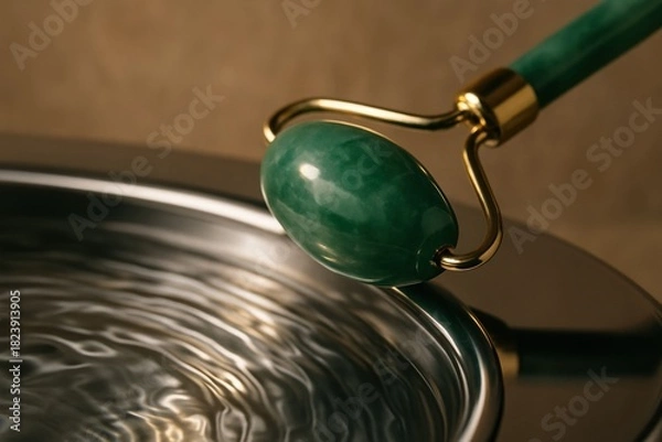 Fototapeta Emerald jade facial roller with polished gold handle hovering above rippling silver water in warm beige light, luxurious natural skincare massage tool.
