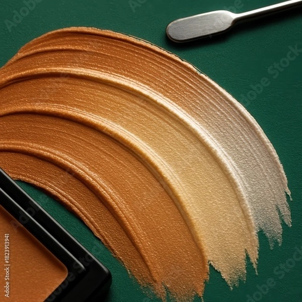Fototapeta Wide creamy brushstrokes of foundation in warm caramel, sand and ivory shades on deep emerald green background with metal spatula and makeup brush, showcasing cosmetic base color range.
