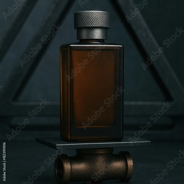 Fototapeta Deep amber rectangular perfume bottle with textured charcoal cap standing against dark geometric triangle backdrop, sophisticated masculine fragrance design.
