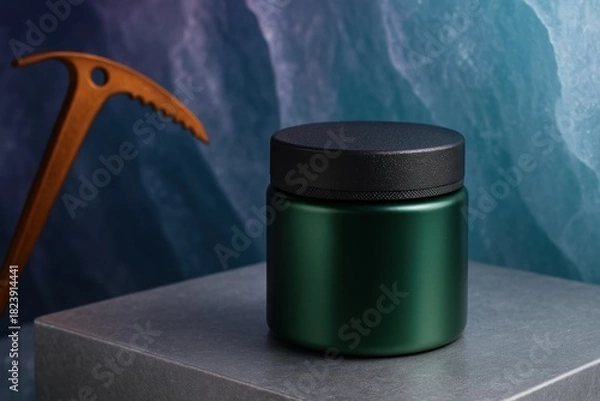 Fototapeta Dark green cosmetic cream jar with black lid on stone surface in front of cool blue textured background, modern minimalist skincare product shot.
