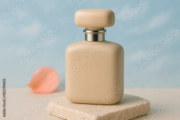 Fototapeta Matte beige perfume bottle with rounded cap on white surface with soft flower petal and blue sky background, elegant feminine fragrance.
