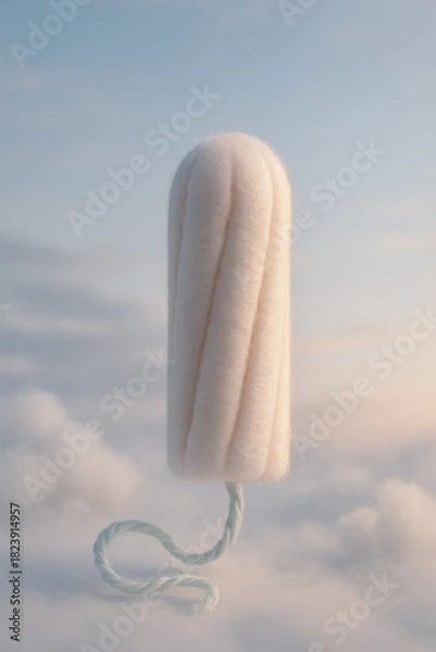 Fototapeta Minimalist white tampon standing vertically on a soft blurred sky background, symbolizing discrete feminine hygiene and clean period protection.