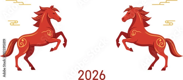 Fototapeta Two stylized red horses face each other above the year 2026 Chinese new year theme