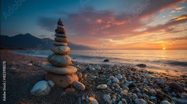 Obraz Stacked stones cairn on pebble beach at peaceful sunset ocean.