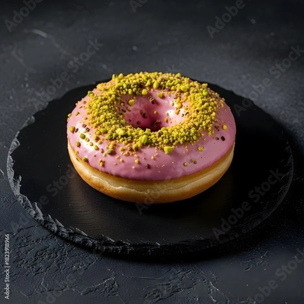Obraz Delicious pink donut with pistachio sprinkles on black stone plate