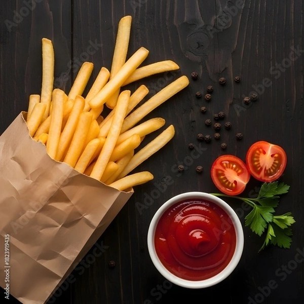 Obraz Golden french fries with ketchup and fresh tomato halves ready to eat