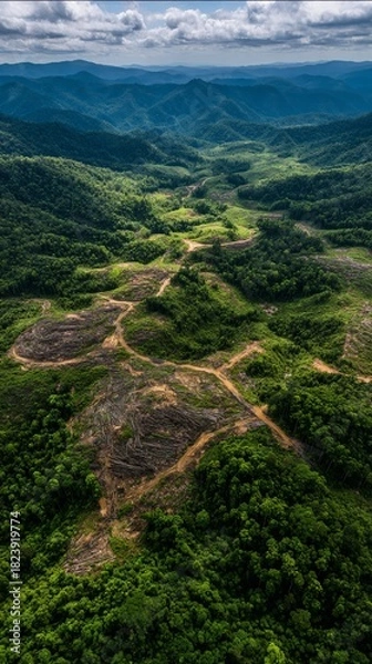 Obraz Deforestation in a lush tropical forest seen from an aerial view.