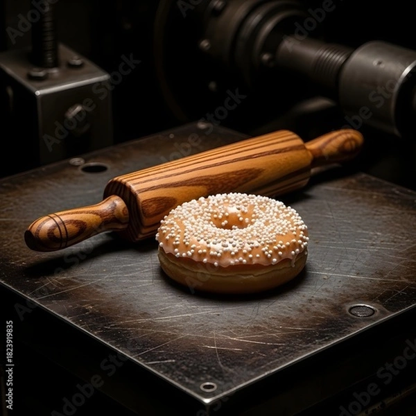 Obraz Freshly baked donut with sprinkles and rolling pin on industrial surface
