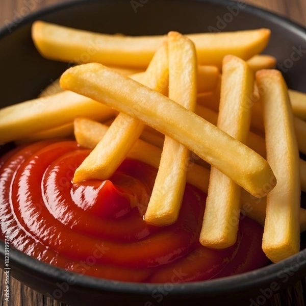 Obraz Enjoy crispy golden French fries with a swirl of delicious red tomato ketchup