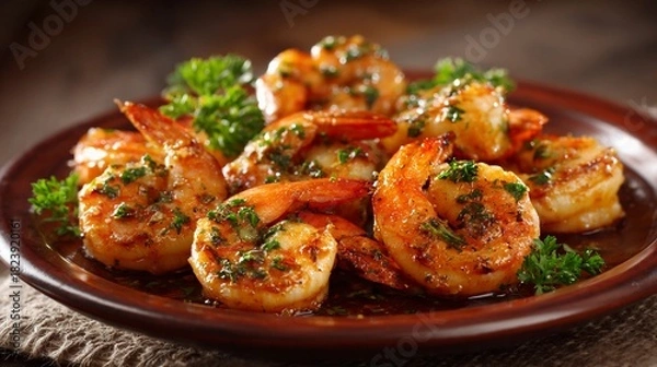 Obraz Appetizing garlic butter shrimp garnished with green parsley.