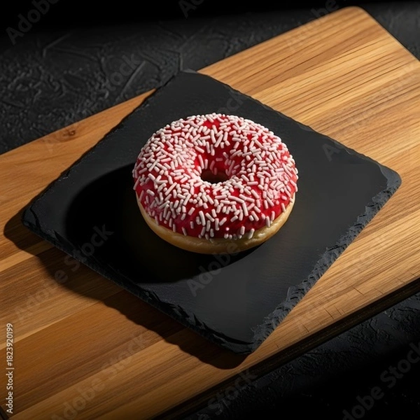Obraz Enjoy tempting donut with bright red glaze and sprinkles on serving board