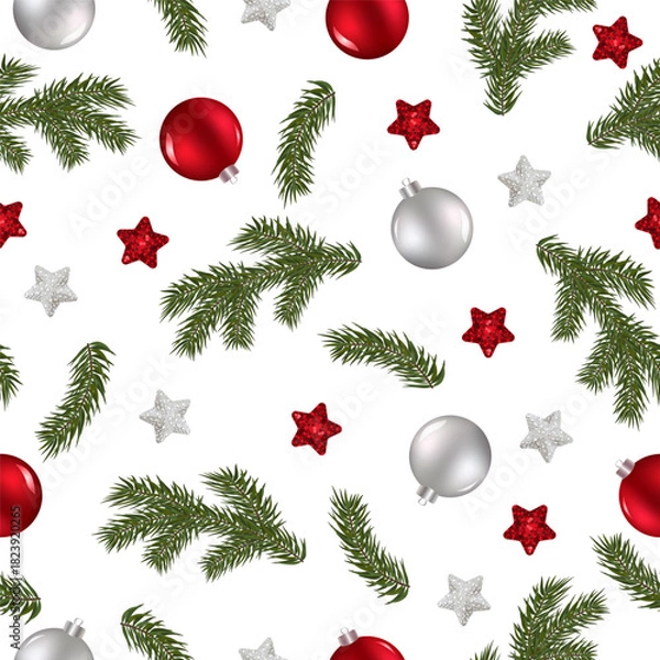 Obraz Christmas Seamless Pattern With Vintage Christmas Glass Balls and Branches.