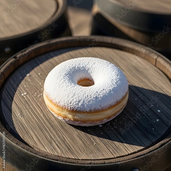Obraz Delicious donut covered in powdered sugar on rustic wooden barrel top