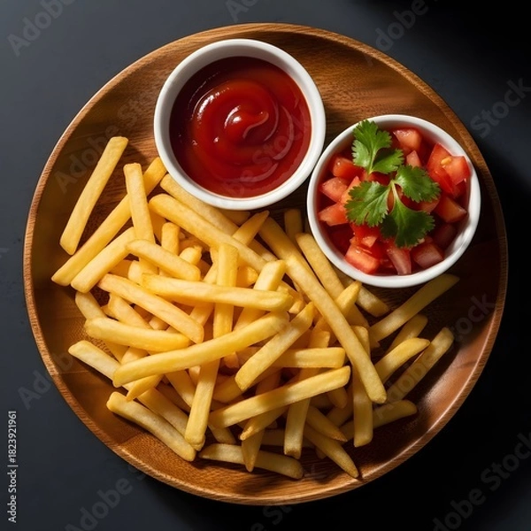 Obraz Golden french fries with ketchup and tomato salsa on a wooden plate