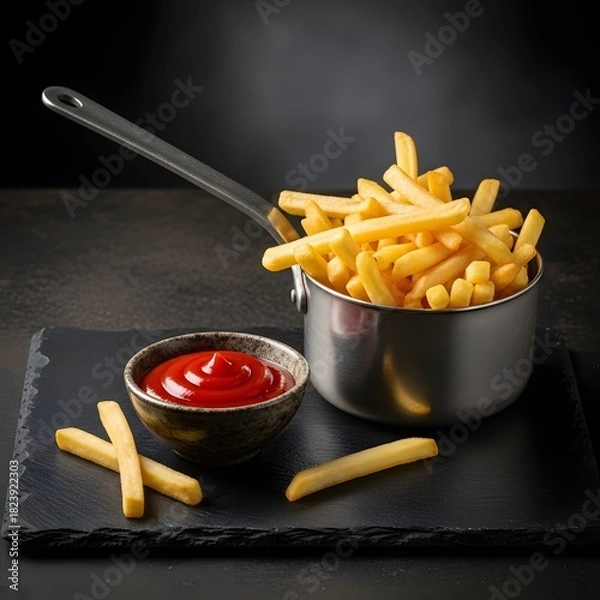 Obraz Golden french fries ready for dipping in tasty ketchup, snack time treat
