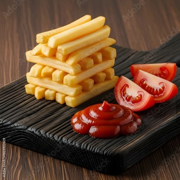 Obraz Delicious french fries stacked high with ketchup and tomatoes on wood board