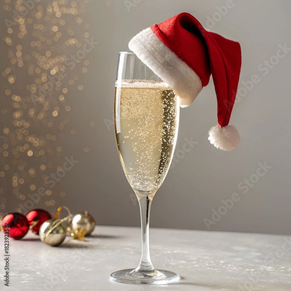 Obraz Glass of sparkling champagne dressed with a festive red Santa hat