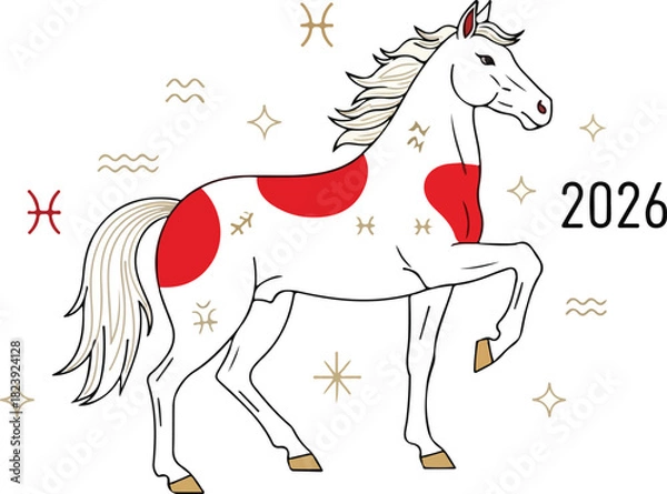 Fototapeta White horse with red markings Zodiac signs  2026 number against a white backdrop